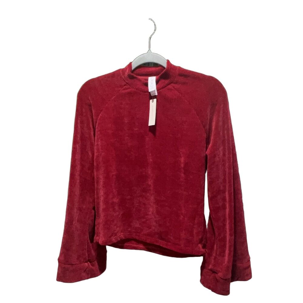 AMADI Anthropologie Red Long Sleeve Knit Top Mock Neck Flared Sleeve Stretch XXS